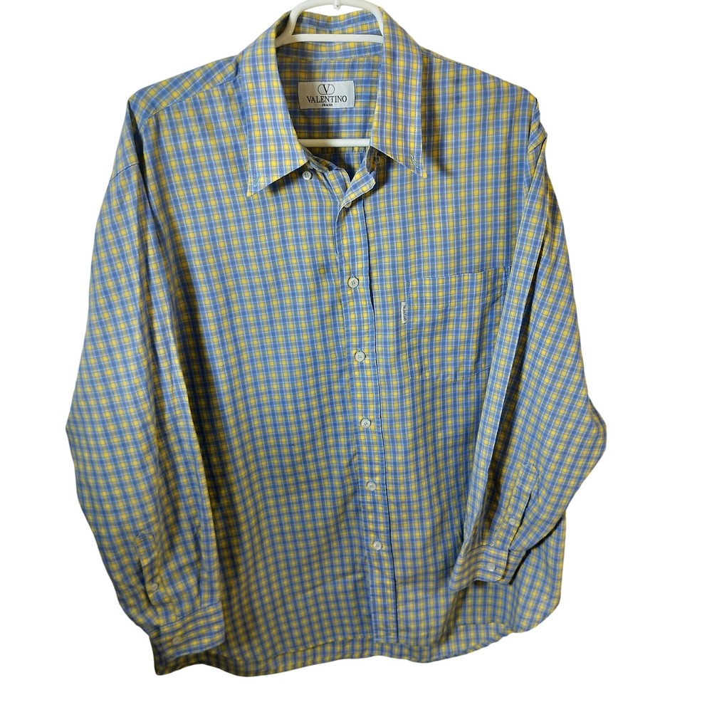 Valentino Jeans Mens Blue Yellow Plaid‎ Long Sleeve Button Down Shirt Large